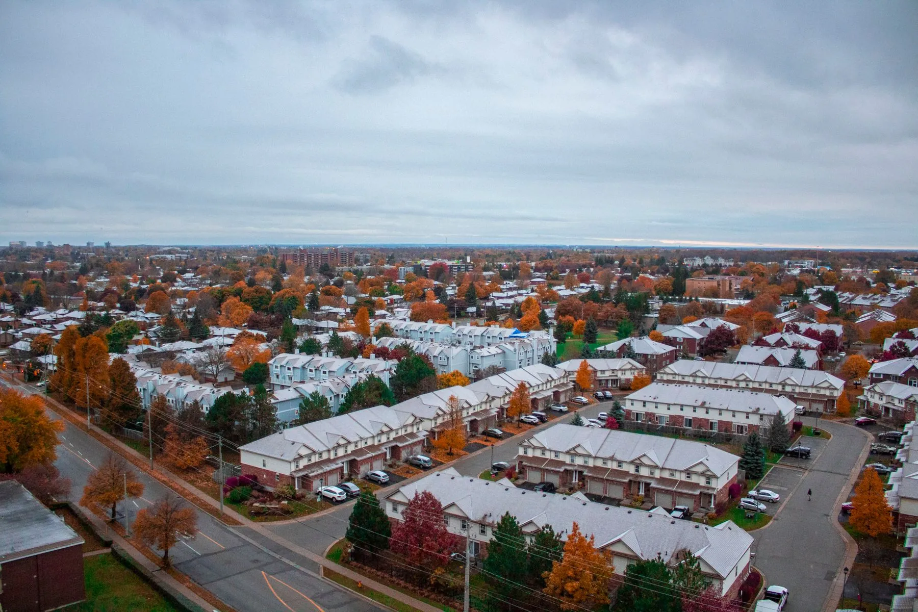Aerial view of an Ontario residential neighbourhood in fall