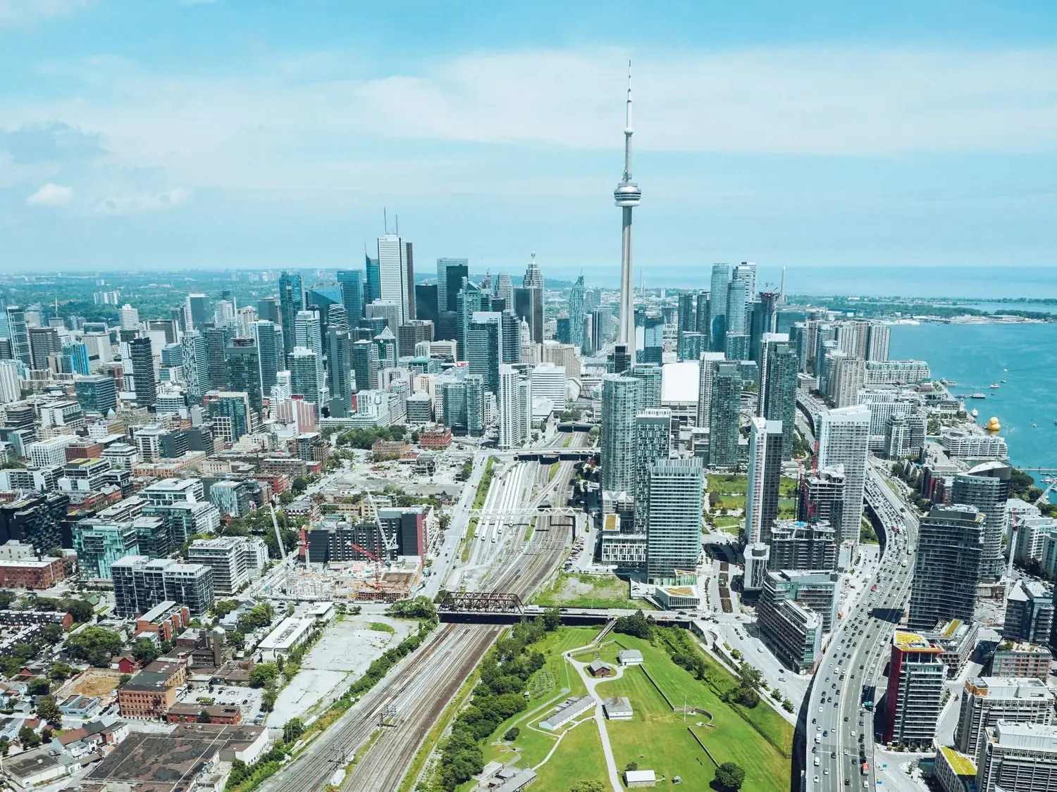 Aerial view of downtown Toronto with the rail corridor and Gardiner Expressway
