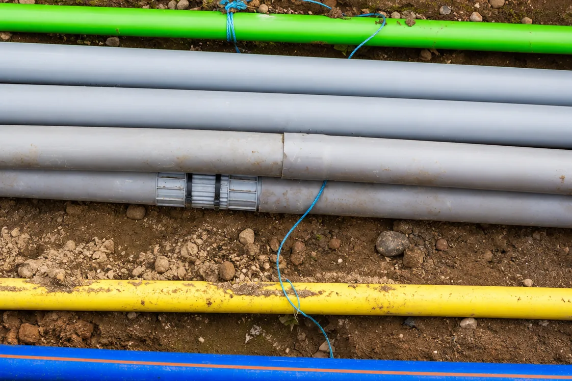 Colour-coded utility conduits and pipes installed in an open trench