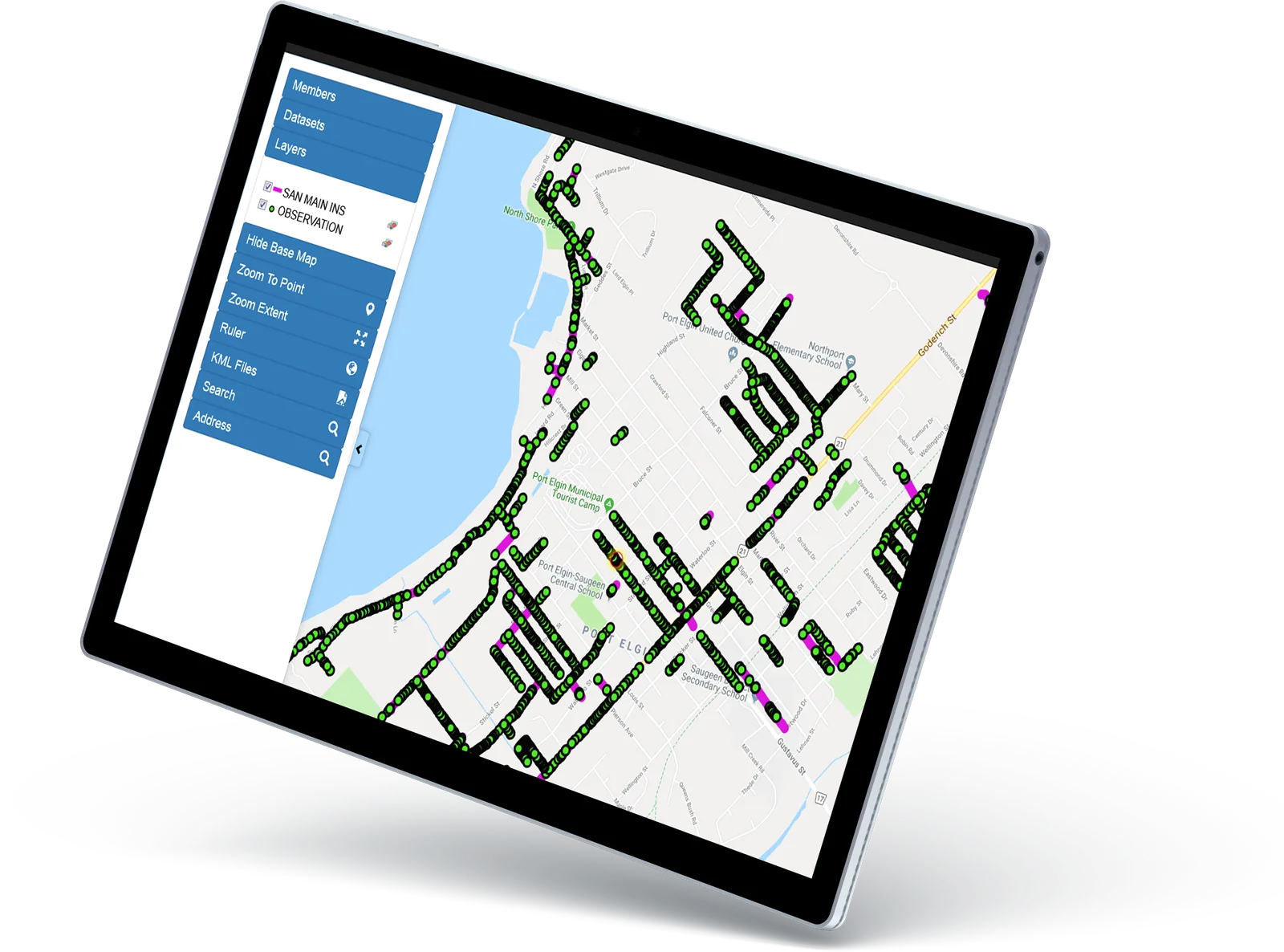 Tablet showing a Web-GIS map viewer with sanitary main inspection layers and observation points