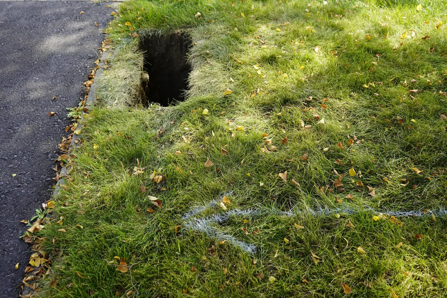 Neatly excavated utility test hole beside a roadway, with locate marks on the grass